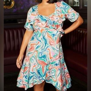 Watercolor Marbled Printed Midi Dress in Multi Plus Size 1X NWT